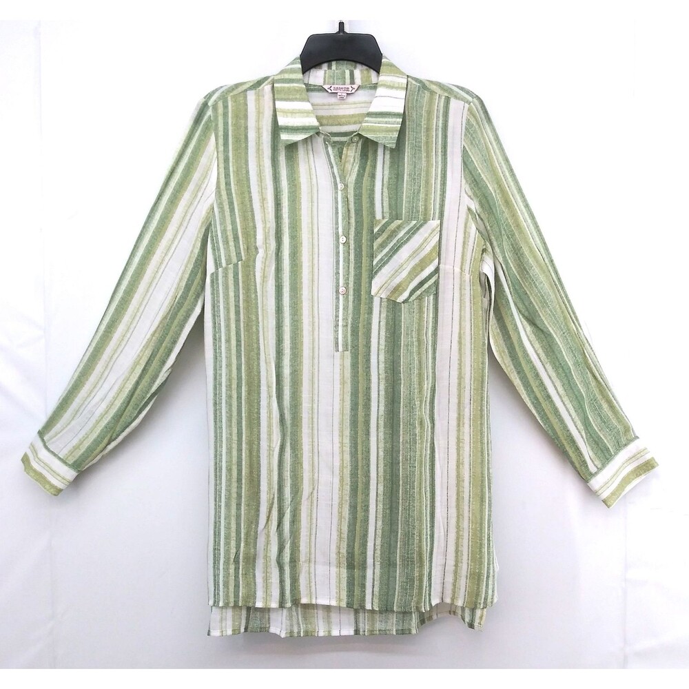 Nanette Lepore Shirt Women Large Green Striped Long Sleeve Collared Lightweight